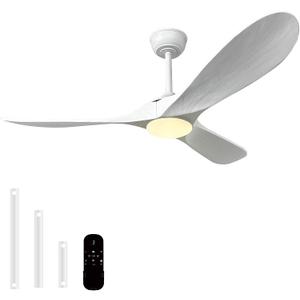 52''Outdoor Ceiling Fan with Light,Modern Ceiling Fan Light(White) | Propeller solid wood blades,dimmable LED,Memory function,Large airflow,Quiet operation,1/2/4/8 Timmer setting,3 Downrods