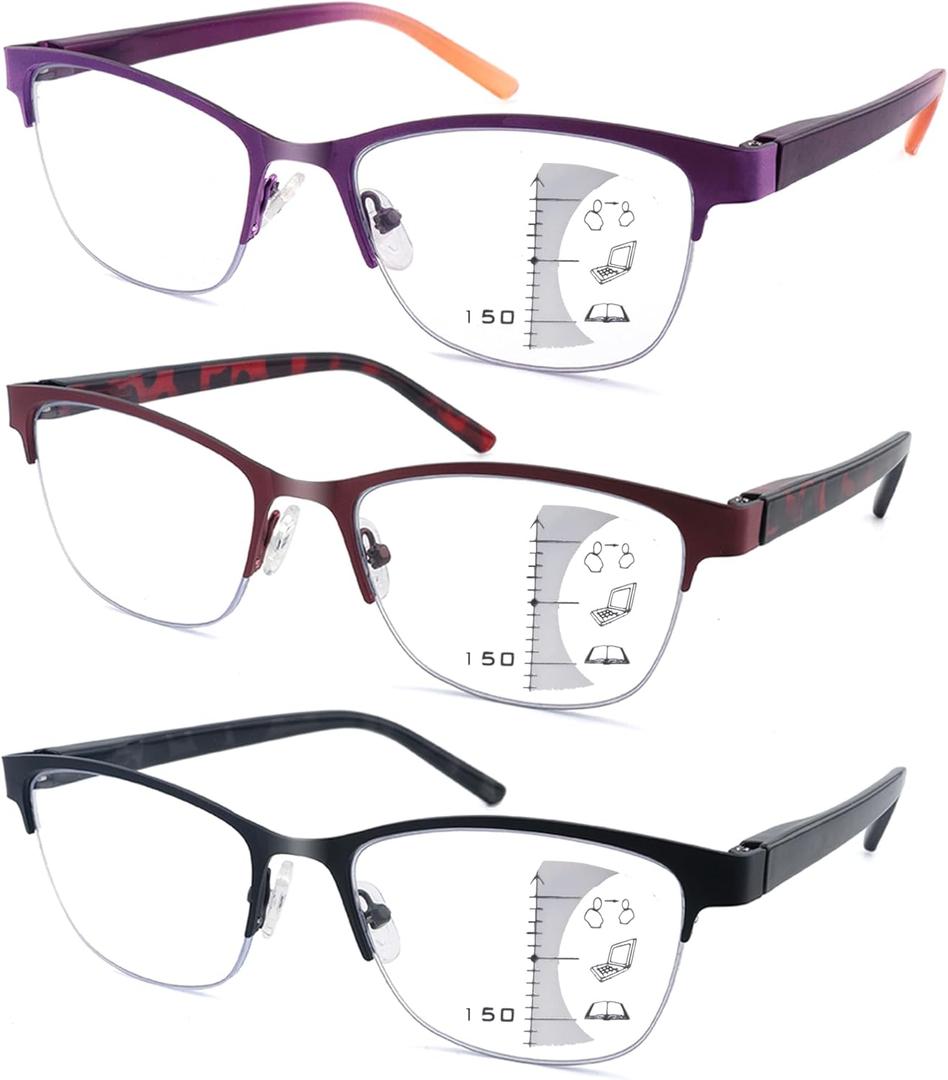 3 Pack Progressive Multifocus Reading Glasses for Women Men No Line Multifocal Readers Metal Half Frame Eyeglasses with Spring Hinges (Multicolor, +2.25)