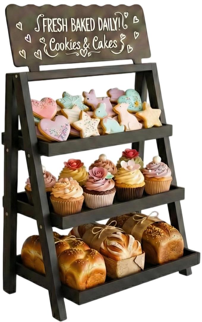 HOTCAN Foldable Wooden Cookie Display Stand for Bakers, Vendors, Market Booth, and Craft Fairs | 3 Tiered Cupcake Dessert Stand with Chalkboard Sign Ideal for Donuts, Cakes, Muffins & Pastries (White)