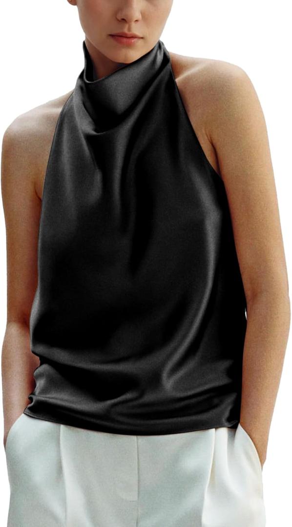 Women's Silk Satin Tank Tops Halter Draped Front Sexy Backless Womens Summer Tops Elegant Camisole Tops (Large, Black)