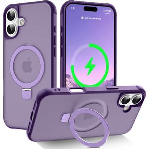 Hocase for iPhone 16 Case 6.1", with Magnetic Ring Stand [Compatible with MagSafe] [Military Grade Protection] Slim Shockproof Translucent Protective Phone Case - Purple