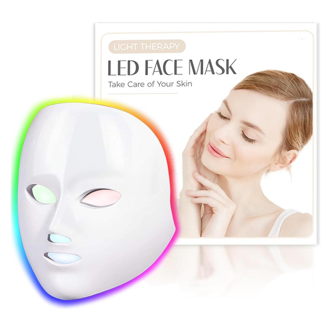 SDKWDH LED Face Mask Light Therapy, Red Light Therapy Mask with 7 Colors, 850nm Infrared & Red Light Therapy for Face, Portable Anti-Aging Skin Rejuvenation Tool with Timer for Home Use (White)