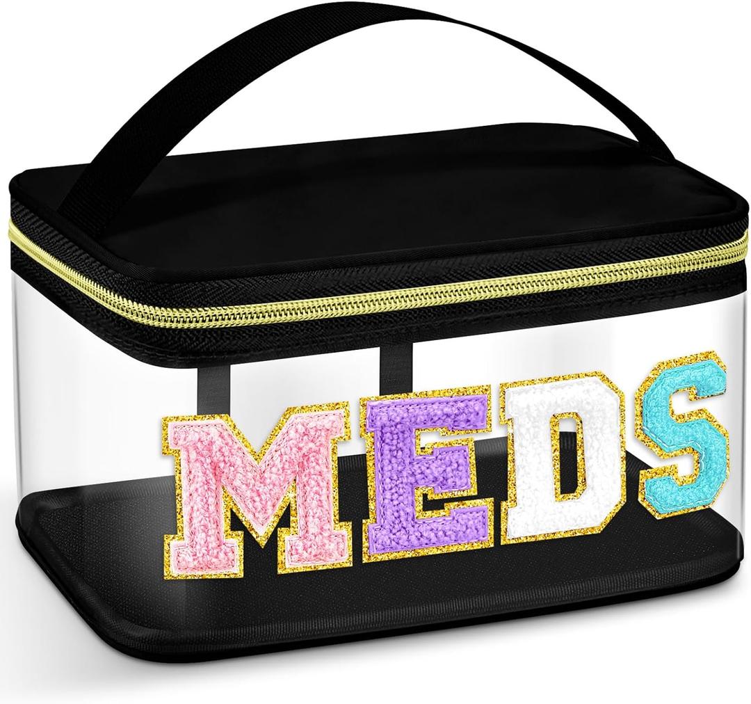Geetery Medicine Bag Chenille Letter Patch Meds Bag Nylon Portable Travel Makeup Cases Preppy Patch with Zipper Cosmetic Toiletry Storage for Women