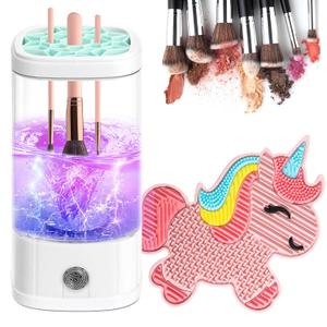 Electric Makeup Brush Cleaner Machine with Makeup Brush Dryer and Silicone Make up Brush Cleaner Mat, Automatic USB Cosmetic Brush Cleaner Tool for All Beauty Makeup Brushes Set, Contour, Eyeshadow (White2)