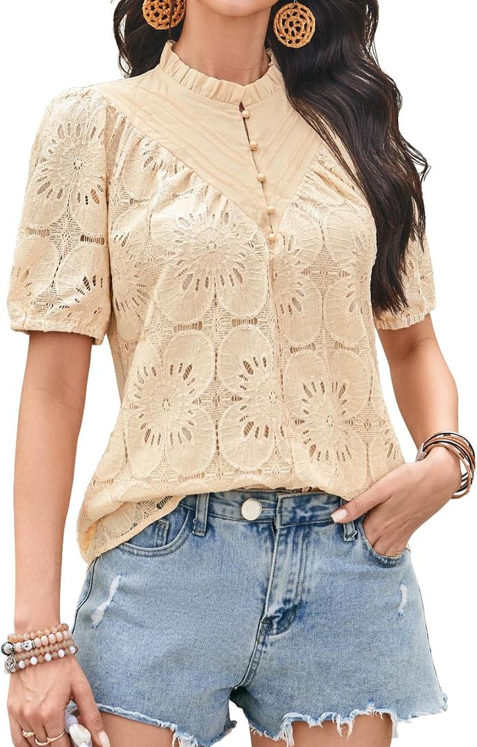 Summer Womens Tops Floral Lace Embroidered Blouses Ruffled Stand Collar Shirts Casual Short Sleeve Clothes Trendy (XL) Summer Womens Tops Floral Lace Embroidered Blouses Ruffled Stand Collar Shirts Casual Short Sleeve Clothes Trendy (XL)