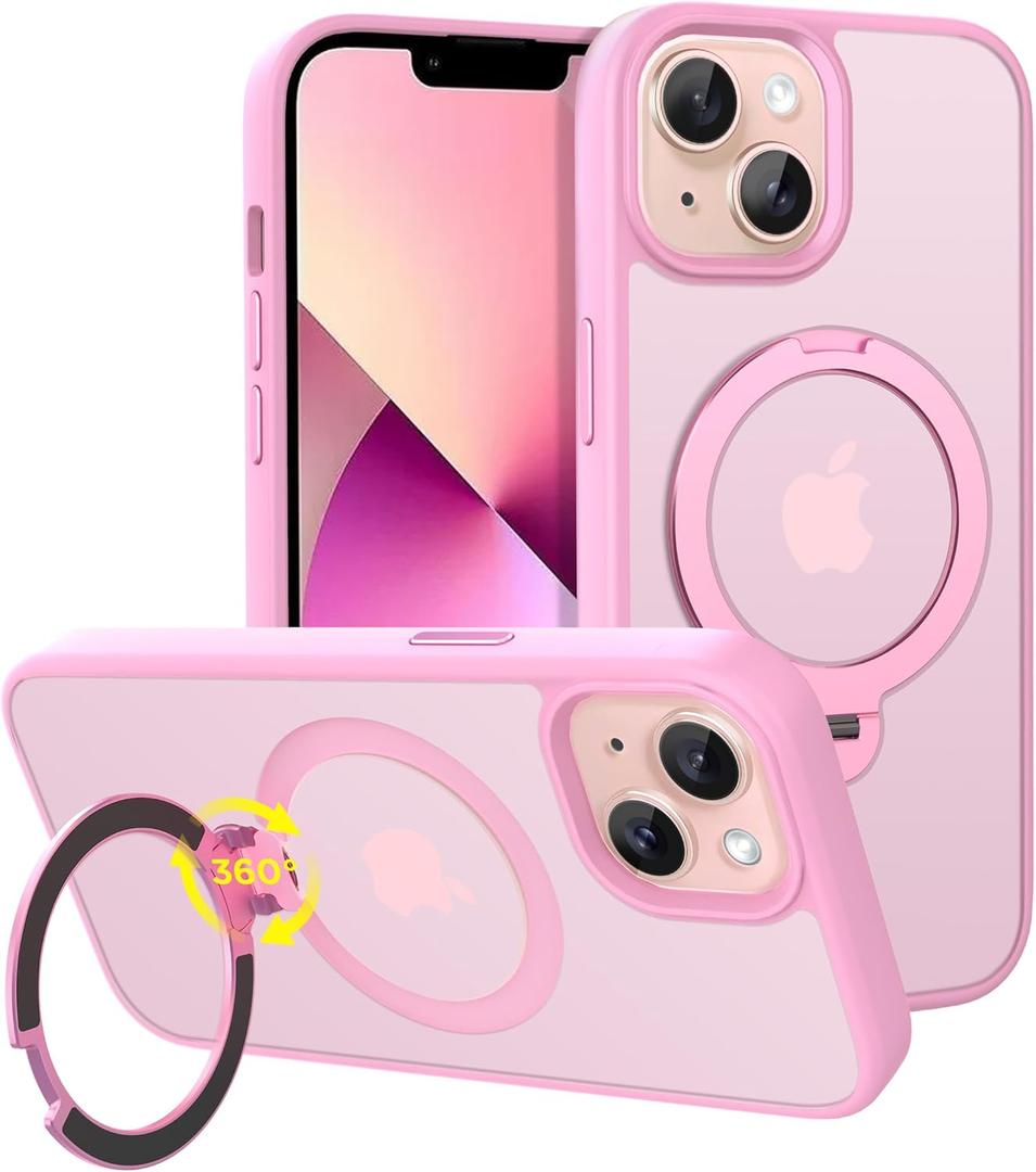 CACOE Magnetic Case for iPhone 13/14 6.1 inch with 360 Rotatable Ring Stand, Compatible with MagSafe Car Phone Mount, Cases Cover Phone Holder for Desk Meeting/Videos Pink