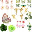 2 x Gyufise 60 Pack Fairy Cake Toppers Butterfly Cake Picks Mushroom Door Flowers Cake Decoration Fairy Garden Topper for Girl Party Birthday Baby Shower Supplies Green
