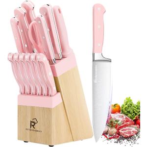 Kitchen Knife Set,14-Piece Pink Triple Riveted Cooking Knife Set, High Carbon-Stainless Steel Knife Block Set,Razor-Sharp Knife Set with Wood Block, Cutlery Chef Knives Set,Dishwasher Safe (Pink)