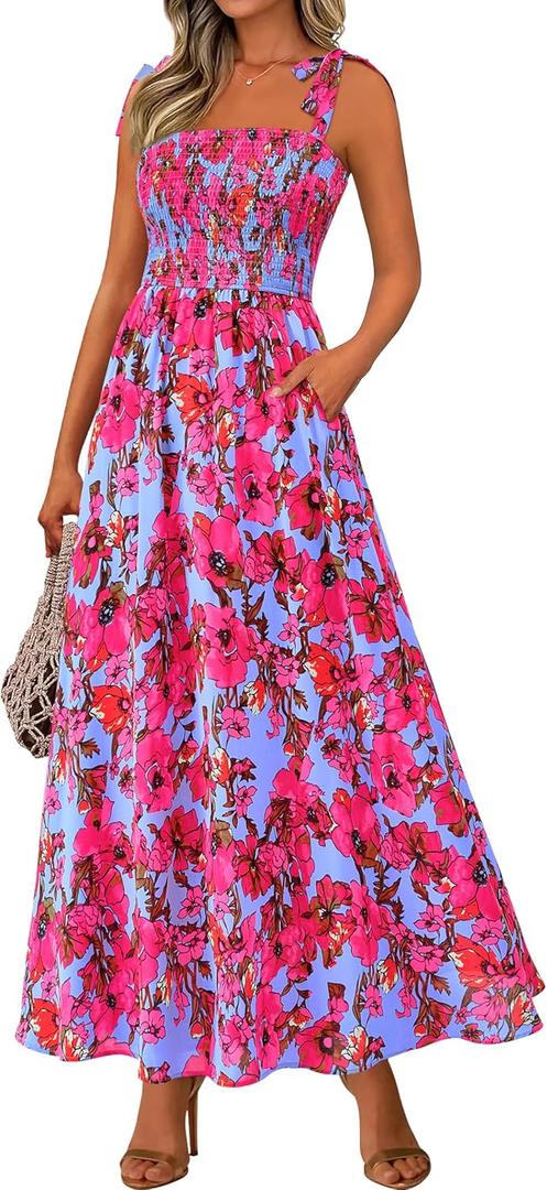 PRETTYGARDEN Womens Summer Dresses Floral Sleeveless Smocked Maxi Dress Boho Spaghetti Strap A Line Flowy Beach Long Sundress (Medium, Rose Red Big Floral)