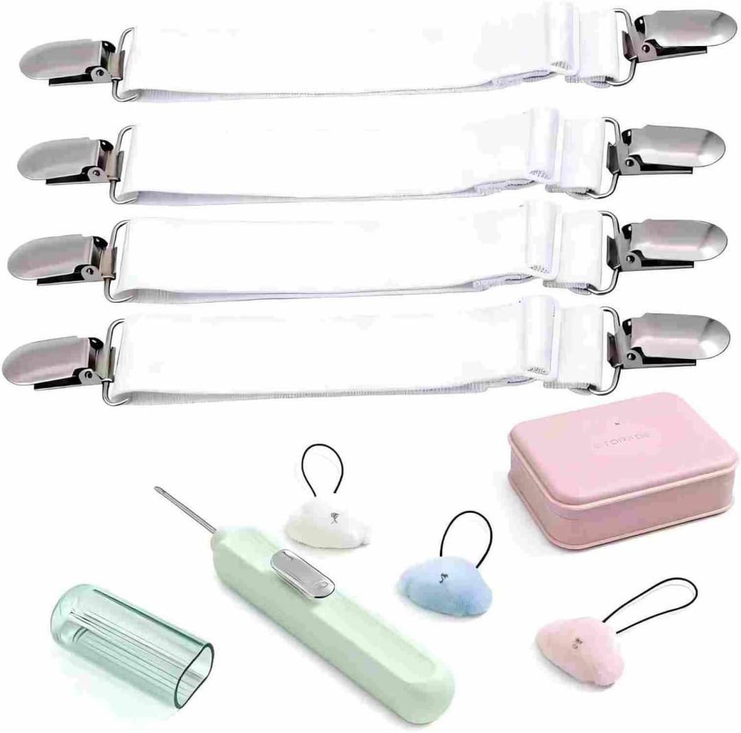 Bed Sheet Holders For Corners & Duvet Clips Set, Keep Sheets firm & tight and Stop Comforter form Bunching Up, with Storage Box (Includes 4 bed Sheet Straps, 8 Duvet Cover Clips , 1 Threading Tool)