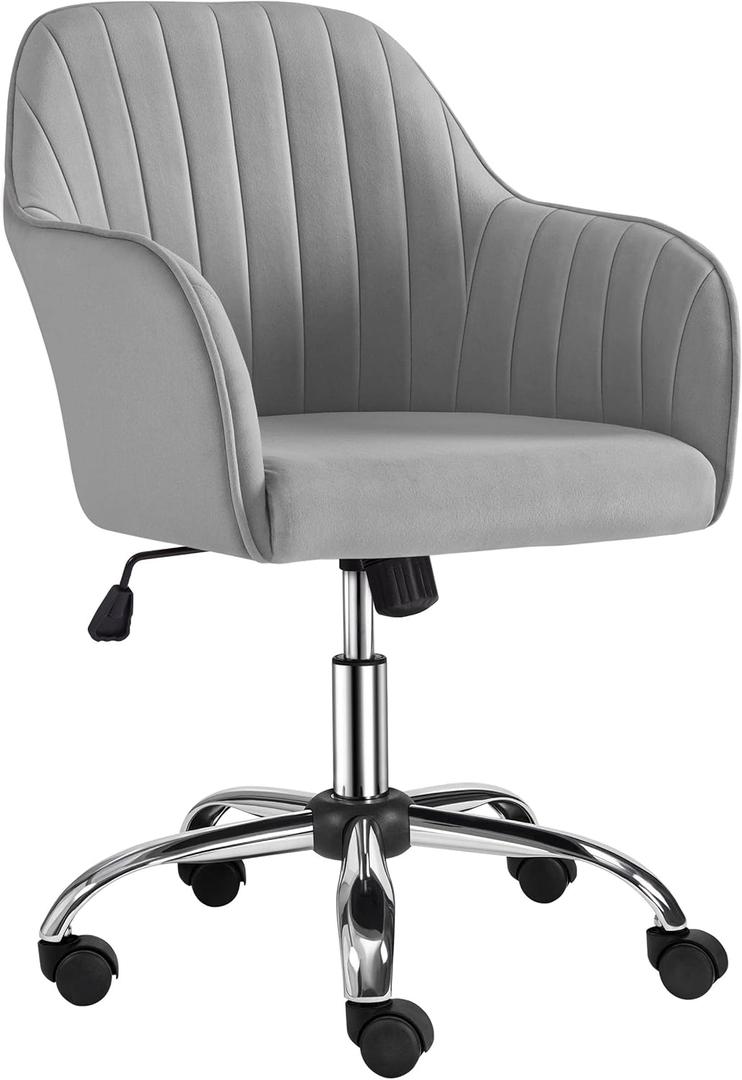 Yaheetech Modern Velvet Vanity Desk Chair Height-Adjustable Swivel Computer Armchair for Makeup Room Living Room Bedroom Light Gray