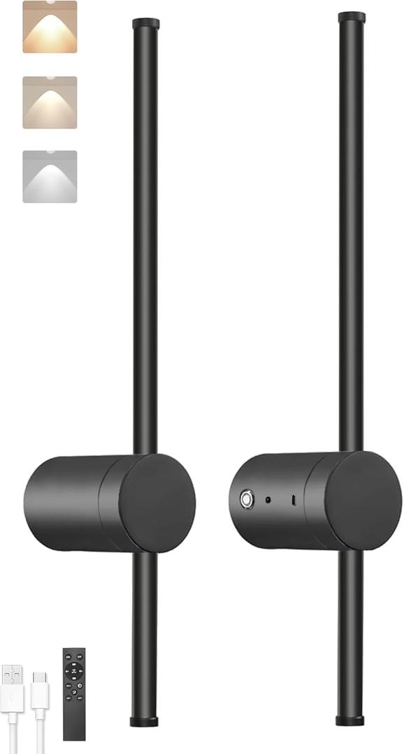 BLUEYE Battery Operated Wall Sconce Set of Two,Remote Control,3CCT,No Flicker,40W Equivalent Picture Light,Aesthetics Decor,Black Aluminum,for Living Room,Hallway,Bedroom,Non-Hardwired,2Packs,24-Inch