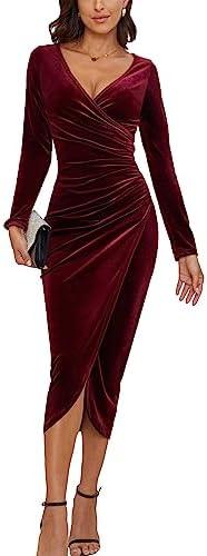 CYiNu Women's V Neck Wrap Velvet Long Sleeve Elegant Bodycon Ruched Cocktail Party Maxi Dress, Red, S