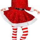 Geyoga Women's Santa Claus Costume Set Velvet Dress with Belt Women's Xmas Striped Tights Santa Hat Set Dress Cosplay(Small, Red Sequin)