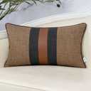 Yangest Patchwork Pillow Cover 12x20 Inch Luxury Cotton and Linen Cushion Cover Faux Leather Pillowcover for Couch Bedroom Living Room, Brown