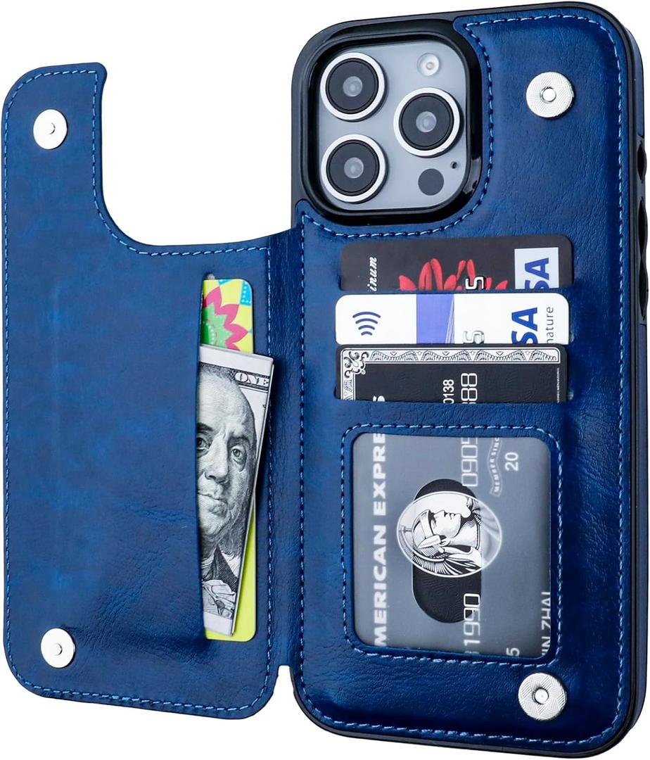 ONETOP Compatible with iPhone 16 Pro Max Wallet Case with Card Holder, PU Leather Kickstand Card Slots Case, Double Magnetic Clasp and Durable Shockproof Cover 6.9 Inch (Blue)
