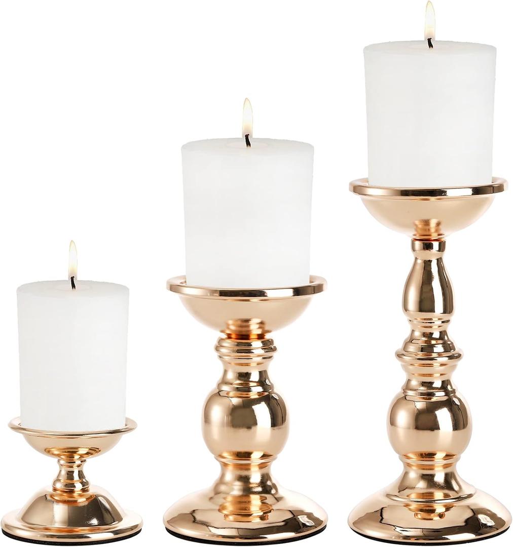 Hacaroa Set of 3 Gold Pillar Candle Holders, Metal Candlestick Holder Decorative Candle Stands for Table, Fireplace, Dining Room, Party, Wedding Centerpieces, 3 Sizes