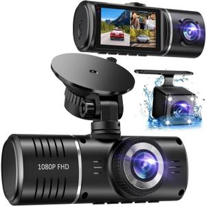 Dash Cam Front and Rear, 1080P Dash Camera for Cars, 3 Channel Car Camera Front Rear and Inside with 32GB Card, Loop Recording, Night Vision, HDR, 24Hr Parking, G-Sensor pcs (Black)