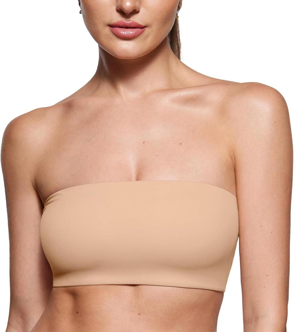 INLYRIC Women's Inbarely Strapless Bandeau Bra Bralette Tube Top Seamless Comfortable Stretchy Non Padded Bras Tops (Medium, Warm Beige - Going Up One Size)