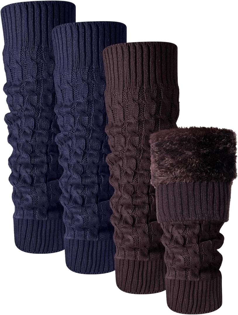 Shihanee 2 Pairs Winter Fleece Lined Leg Warmers for Women Warm Long Boot Socks Knit Thick Calf Warmers for Skating Walking (Brown, Navy Blue)