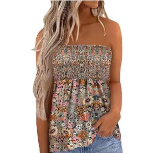 Floral Smocked Ruffled Strapless Bandeau Tank Women Summer Backless Tube Top Sleeveless Loose Holiday Shirts Blouse (Small)