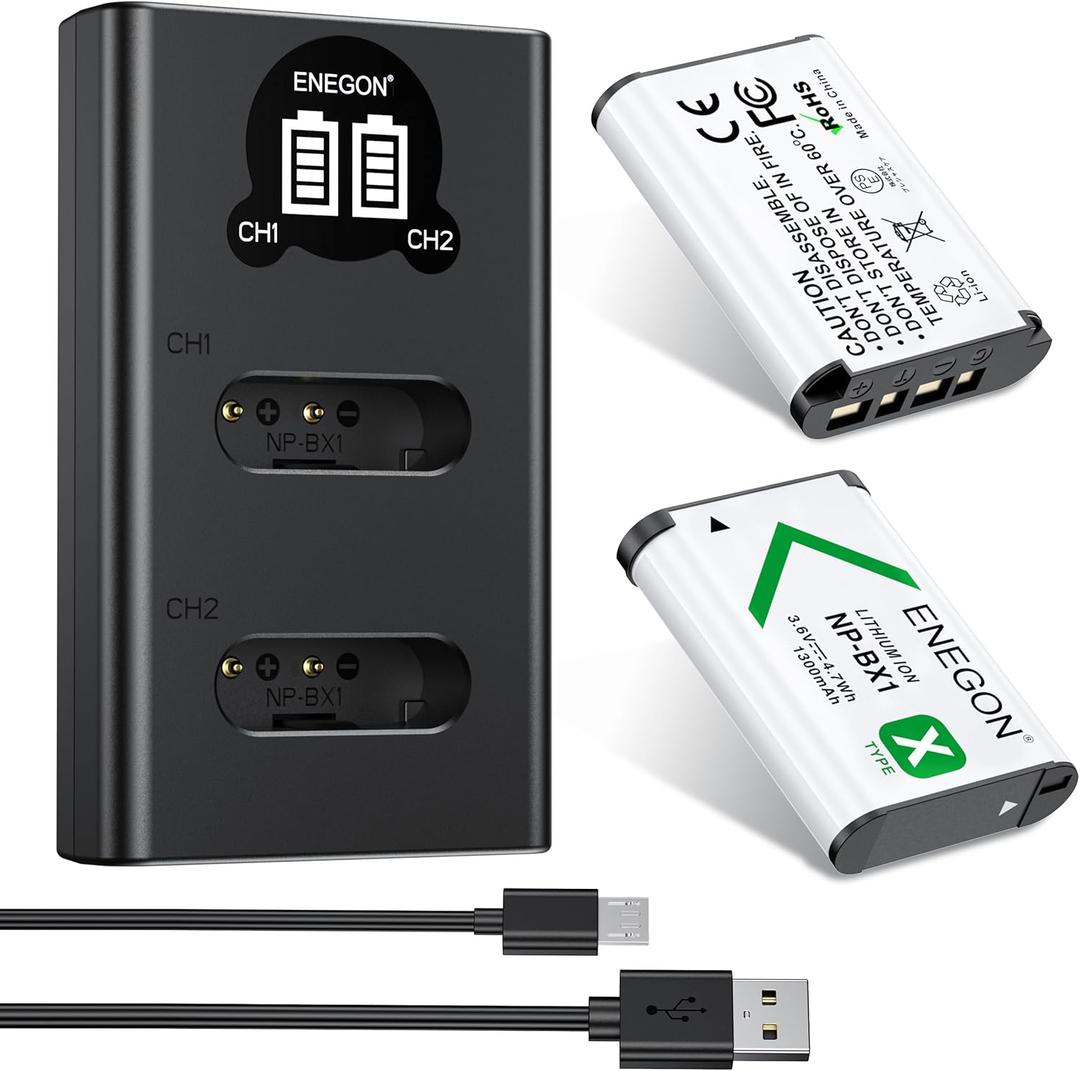 ENEGON NP-BX1 2-Pack Battery with LCD Dual USB Charger - Ideal for Sony NP-BX1 and Sony ZV-1, Cyber-Shot DSC-RX100, DSC-RX100 II/III/M4/M5/M6/M7/////VA, DSC-RX100M II