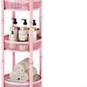 TOOLF 3-Tier Foldable Metal Storage Rolling Cart, Collapsible Utility Cart, No Assemble, Multifunction Organizer Trolley with Lockable Wheels for Kitchen, Living Room, Bathroom, Pink