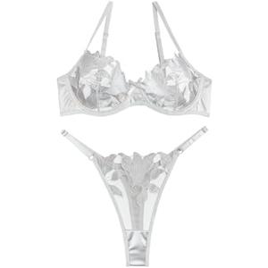 Lilosy Sexy Satin Mesh Floral Sheer Embroidered Underwire Lingerie Set 2 Piece Women( size XXS)