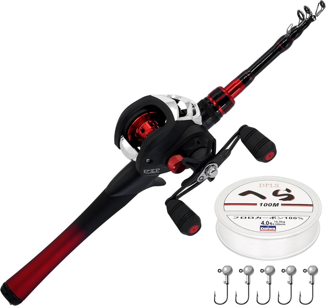 Kilitn Fishing Rod and Reel Combo, Baitcasting Combo Baitcast Reel 5 Foot Durable Fiberglass Telescopic Rod with Fishing Line Full Kits Comfortable Handle