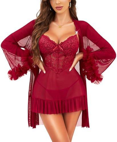 RSLOVE Lingerie Sets for Women Sexy - 1 Piece Babydoll & Lace Kimono Robe Set Strap Chemise Sleepwear Mesh Nightgown Ruffled, S