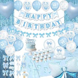 Jenlion Blue Bow Birthday Decorations - Coquette Party Supplies Serve 12 with Plates, Tablecloth, Foil Curtains, Photo Props, Cake Topper & Balloon Arch for Girls Baby Shower