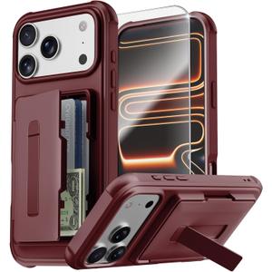 Compatible with iPhone 17 Pro Max Wallet Case with Card Holder (3-5 Cards) | Built-in Screen Protector | Hinge Kickstand | RFID Blocking | Phone Cover Case for Apple 17 ProMax, Wine Red