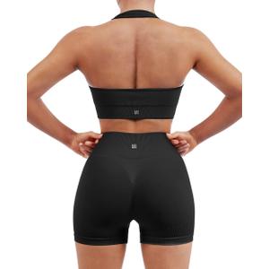SUUKSESS Women Seamless Ribbed Workout Set Backless Sports Bra Booty Biker Short (Small, Black)