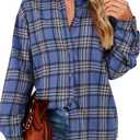 Womens Long Sleeve Plaid Shirts Flannel Collared Button Down Shackets Casual Rolled Up Boyfriend Blouses Top (X-Large, Blue)