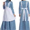 Women Adult Colonial Prairie Costume,Floral Pioneer Dress with Apron and Bonnet M