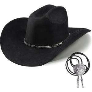 Western Cowboy Hat for Men Women,Shapeable Wide Brim Felt Fedora Classic Cowgirl Hats for Cowboys and Cowgirls,with bolo tie