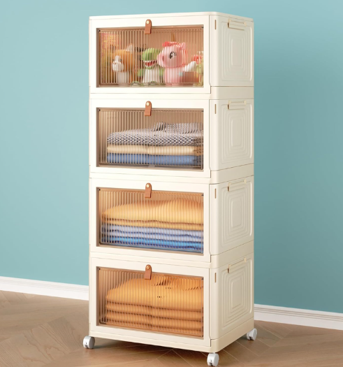 HMINYIYI 4 Pack Collapsible Stackable storage bins with lids and Wheels,46.24 Gal Sturdy Plastic Foldable Box Trunk Bedroom organizers, 20.8"x14.8"x39.4", sideway open, Under Bed Storage Container