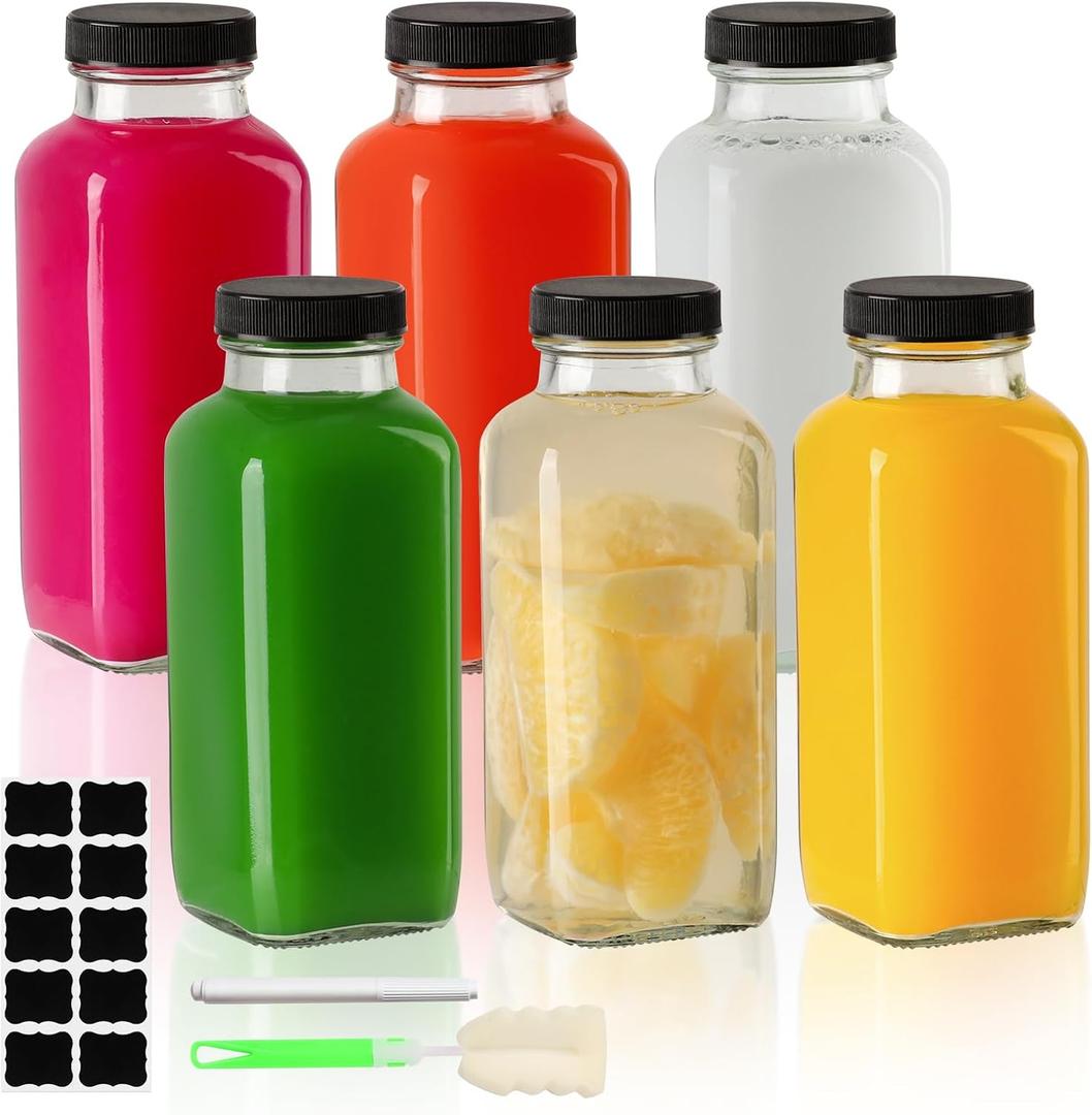 Glass Juice Bottles with Lids 12 oz, Reusable Glass Bottles 6 pcs, Square Juice Jars, Drink Containers with Caps for Smoothies, Kombucha, Beverages