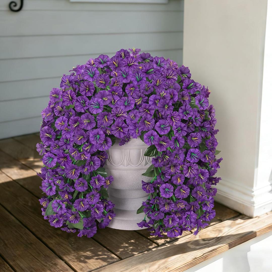 Fake Flowers for Outdoor Decoration, 2 Pcs Spring Silk Purple Morning Glory, Artificial Trailing Vines UV Resistant Realistic for Porch Patio Balcony Planter