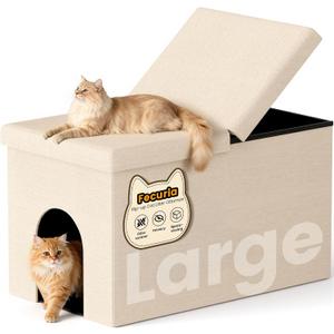 3-in-1 Cat Litter Box Enclosure with Odor Control, Multi-Functional Hidden Litter Box Furniture Bench, Dog Proof, Space-Saving Ottoman Cabinet with Flip-Up Lid, Storage Footrest, Beige