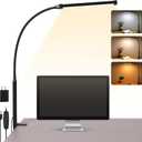 Voncerus LED Desk Lamp with Clamp, Eye-Caring Clip on Lights for Home Office, 3 Modes 10 Brightness, Long Flexible Goose-Neck, Metal, Swing Arm Architect Task Table Lamps with USB Adapter, Black