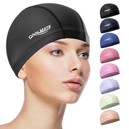 COOLMATE Fabric Swim Cap for Adult Women Men Kid 3 4 6 8 14 16, Silicone Water Resistant Layer, Cloth Swim Cap Gifts for Swimmers, Lightweight and Comfortable for Pool, Lap Swimming (Blue, M)