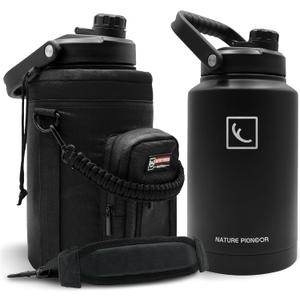 NATURE PIONEOR One Gallon Water Bottle Insulated - Large Double Vacuum Stainless Steel 128 oz Water Bottle with Holder/Carrier, 1 Gallon Water Jug,128oz, Wide Mouth (Black)
