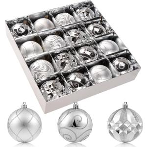 3.15" Silver Christmas Ball Ornaments Set, 16pc Silver Xmas Tree Ornaments Decoration, Shatterproof Large Decorative Hanging Balls with Loop for Christmas Party Holiday Wreath Garland Home Decor