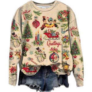 NITRFLA Women Christmas Cartoon Fun Gift Casual Sweatshirt Xmas Novelty Christmas Light Casual Pullover Fall Sweatshirt (XX-Large, Apricot)