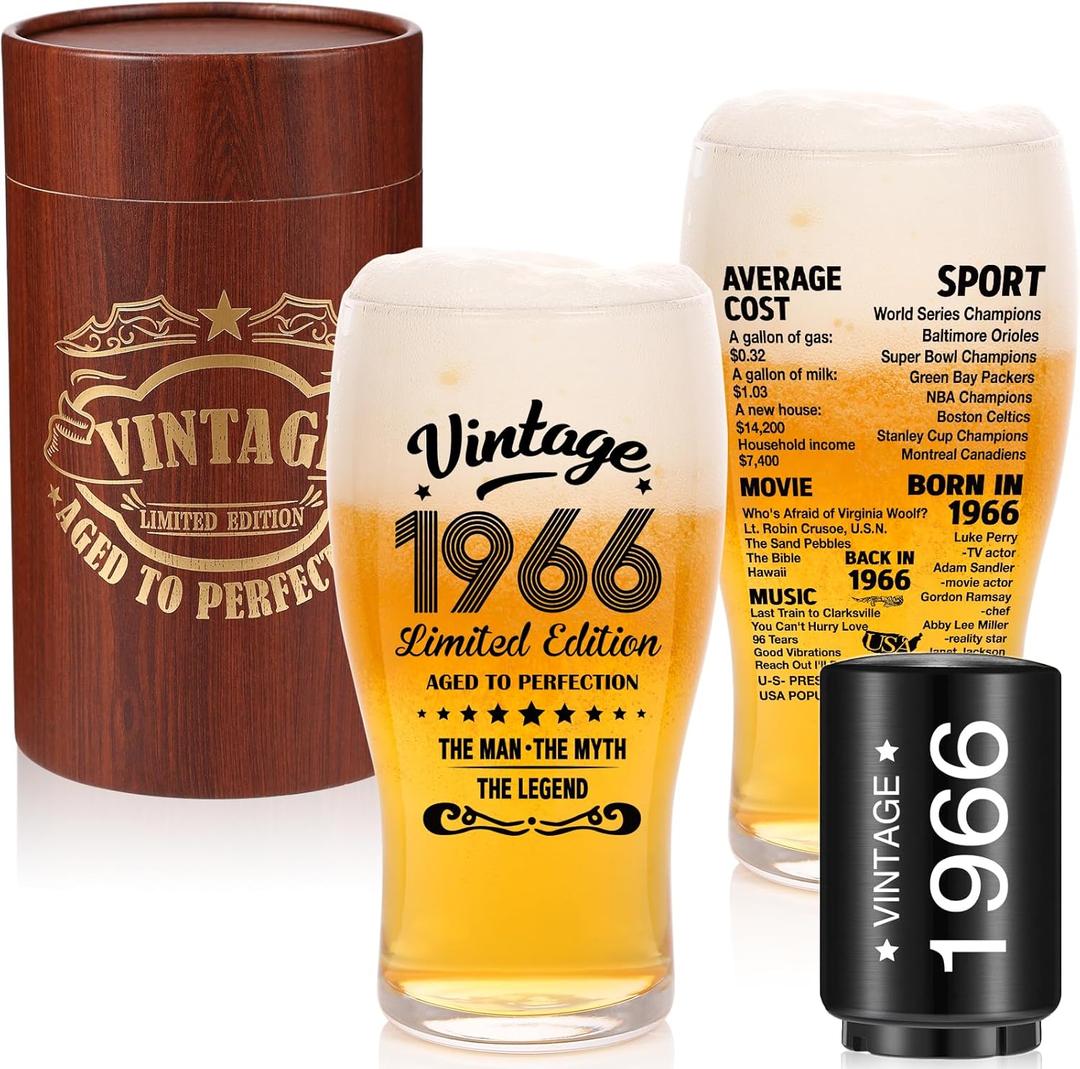 60th Birthday Gifts for Men-60th Birthday Gift Ideas,20oz,Vintage 1966 Beer Drinking Glass and Opener-60 Years Old Birthday Decorations Party Supplies-60th Anniversary Presents Beer Glass