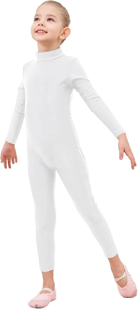 Girls Unitards Long Sleeve Full Body Leotard Kids Turtleneck Bodysuit for Dance Costume Gymnastics (5-6 Years, White)