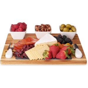 Twine Acacia & Slate Cheese Board Set - Charcuterie Board Bowls and Knives - Slate Cheese Tray Wood Cheese Board - 7-Piece Set of 1, Brown