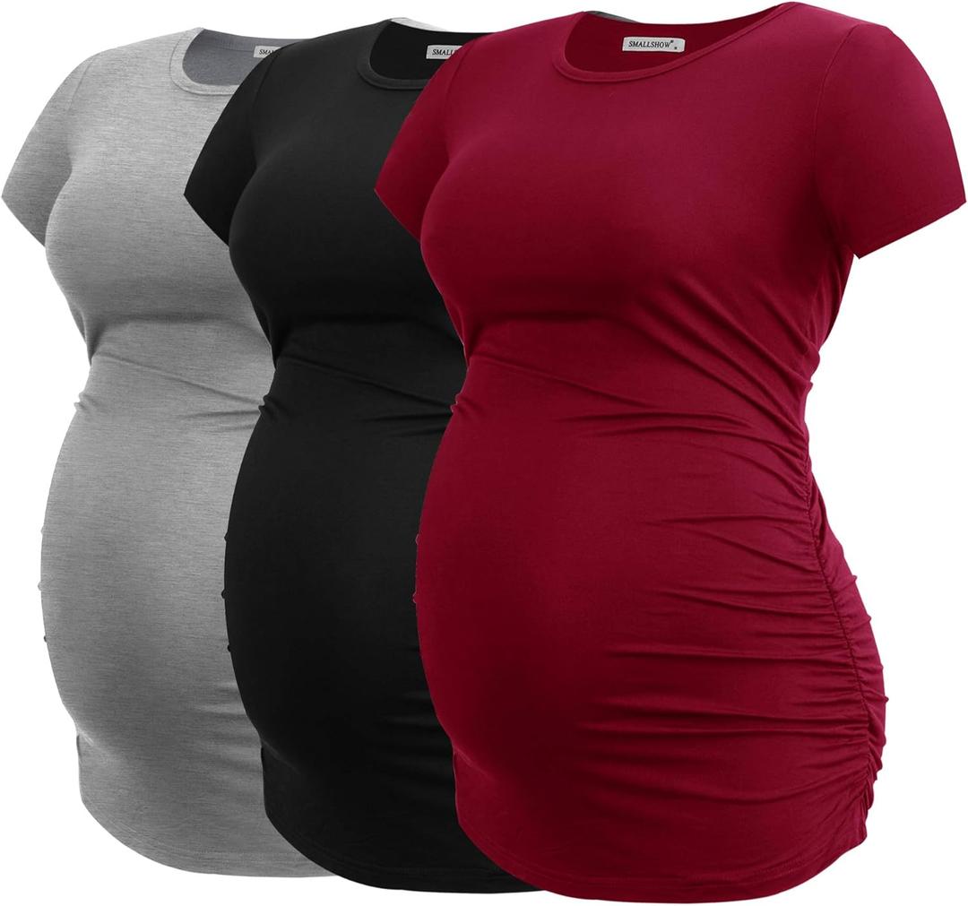 Smallshow Women's Maternity Tops Side Ruched Tunic T-Shirt Pregnancy Clothes (XX-Large, Black/Light Grey/Red)