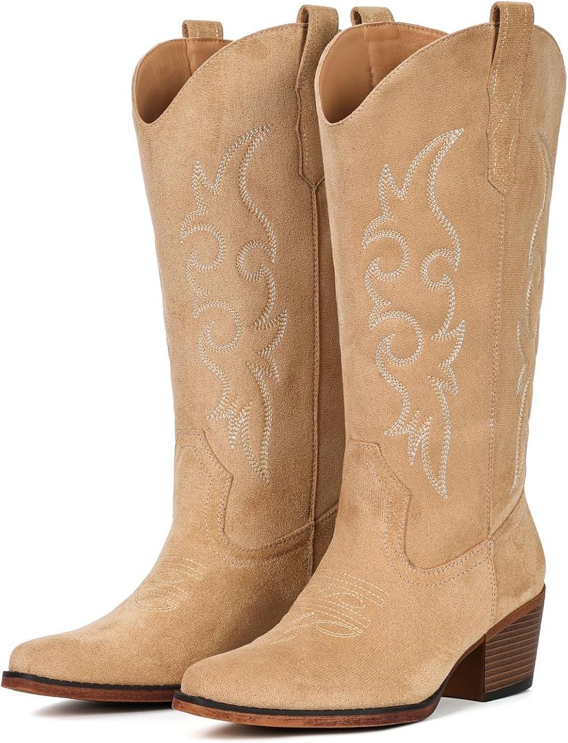 IUV Cowboy Boots For Women Western Cowgirl Classic Mid Calf Snip Toe Boot (Beige) 7.5